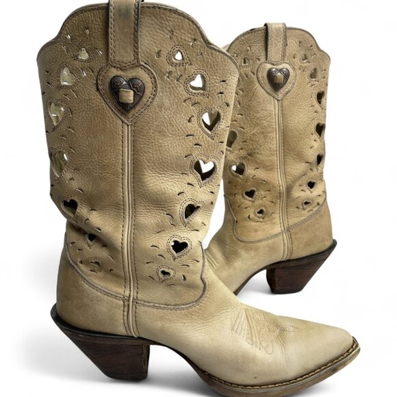 Durango Ivory Leather Hearts Western Cowboy Cowgirl High Heel Boots Women's 7 M - Picture 1 of 14